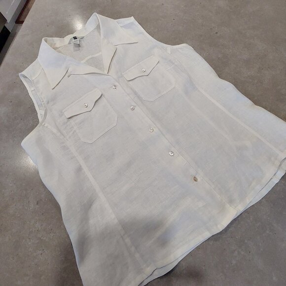 H&M Women's 100% Linen White Button Down Sleeveless Blouse w/Pockets - Size 16 - Picture 6 of 10